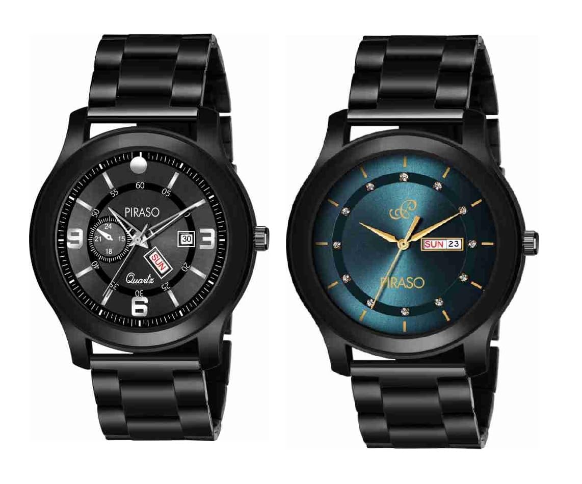 PIRASO D&D C22 Blue Black&D&D C19 Black (Analog Day-Date Working Display Combo Black&Blue DIAL&Black Chain Watch for Men