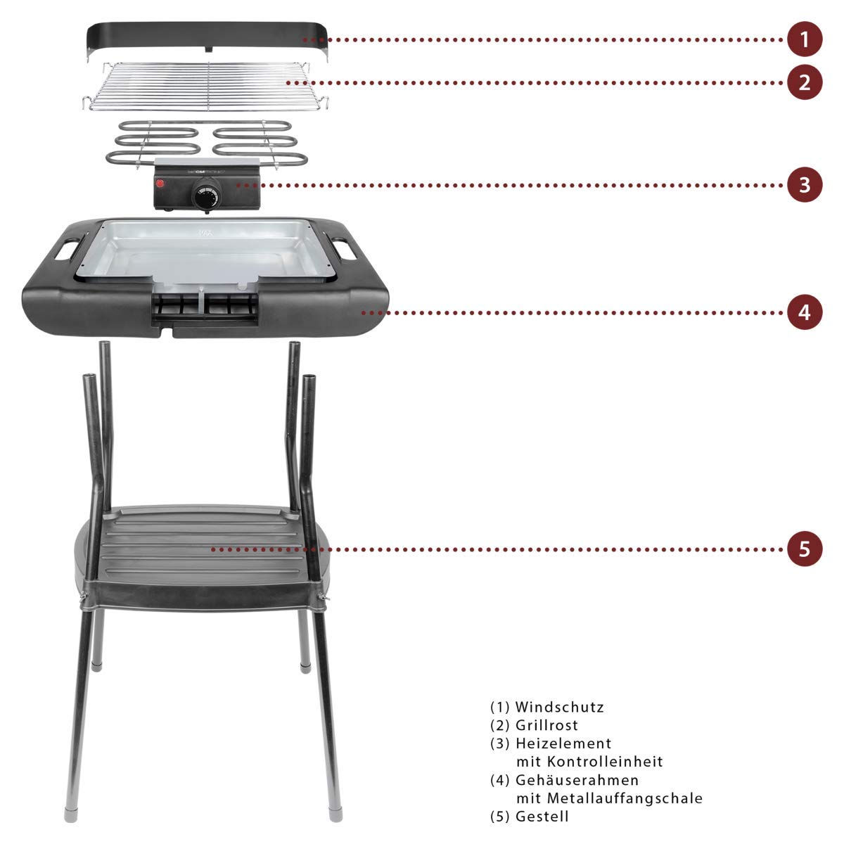 Clatronic BQS 3508 Grill elektryczny z nogami, Gril 35,5 x 24,5 cm, 2000 W, Metal, Czarny
