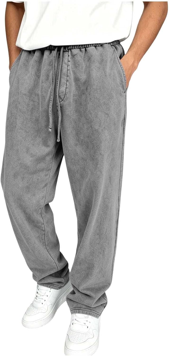 Men's Baggy Sweatpants Straight Leg Acid Washed Pants Workout Casual Loose Fit Vintage Trousers with Pockets