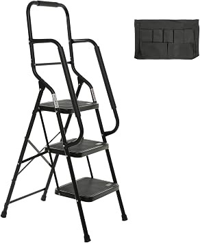 3 Step Ladder Tool Ladder Folding Portable Steel Frame MAX 500 lbs Non-Slip Side armrests Large Area Pedals Detachable ToolBag Suitable for Home Office EngineeringBlack