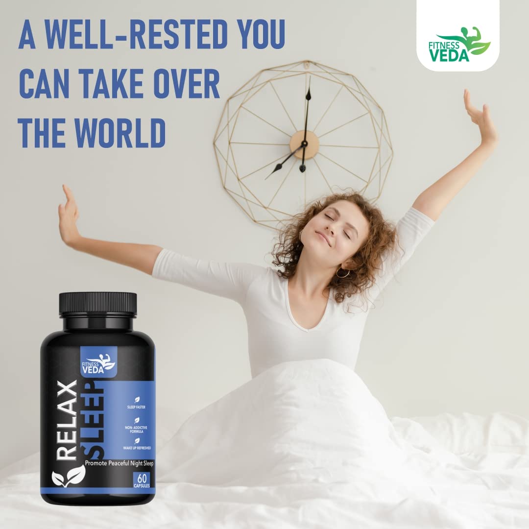 FITNESS VEDA Relax Sleep - 60 Capsule| Natural Sleep Support Capsules| Promotes Relaxation, Stress Relief & Better Sleep Quality | Wake Up Refreshed & Energized | Gentle & Non-Addictive | Ayurvedic Sleeping Pills For Men & Women — Amazon image 4