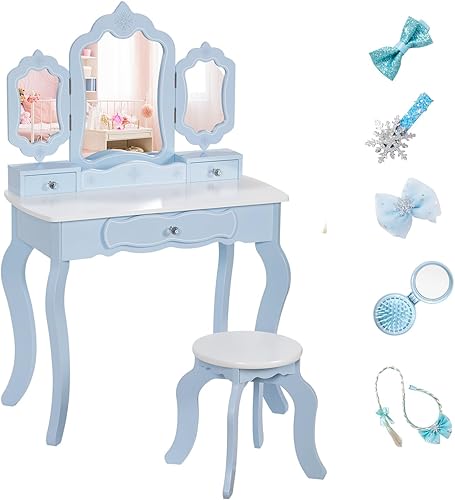 BRINJOY Juego de tocador para niños, mesa y taburete de maquillaje de madera 2 en 1 con espejo triple desmontable, tocador de princesa con cajón y