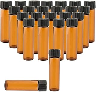 24PCS Empty Mini Amber Glass Essential Oil Bottles with Black Screw Cap and Orifice Reducer Sample Trial Packing Perfumes Lab Chemicals Cosmetic Containers Makeup Vials Travel Set(5ML/0.17OZ)