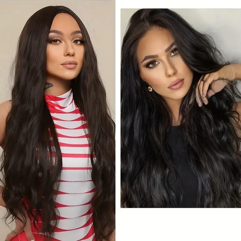 Image of Wavy Hair Wig For Women Dark Brown | Heat Resistant Synthetic Hairs | Long Hairs | Natural hairs Wigs | 26 Inch Long Hairs | Washable | WigCap & Hair Brush (pack of 1)