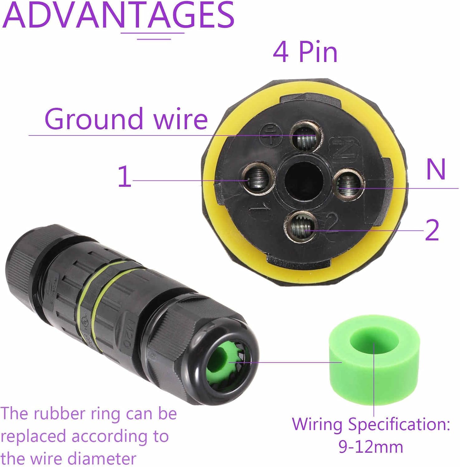DMiotech 5 Pcs Waterproof Junction Box Electrical Cable Connector M20 4 Pin Outdoor Wire Connectors Wire Range(9-12mm) for Tunnel Lights, Underwater Lights, Garden Lights