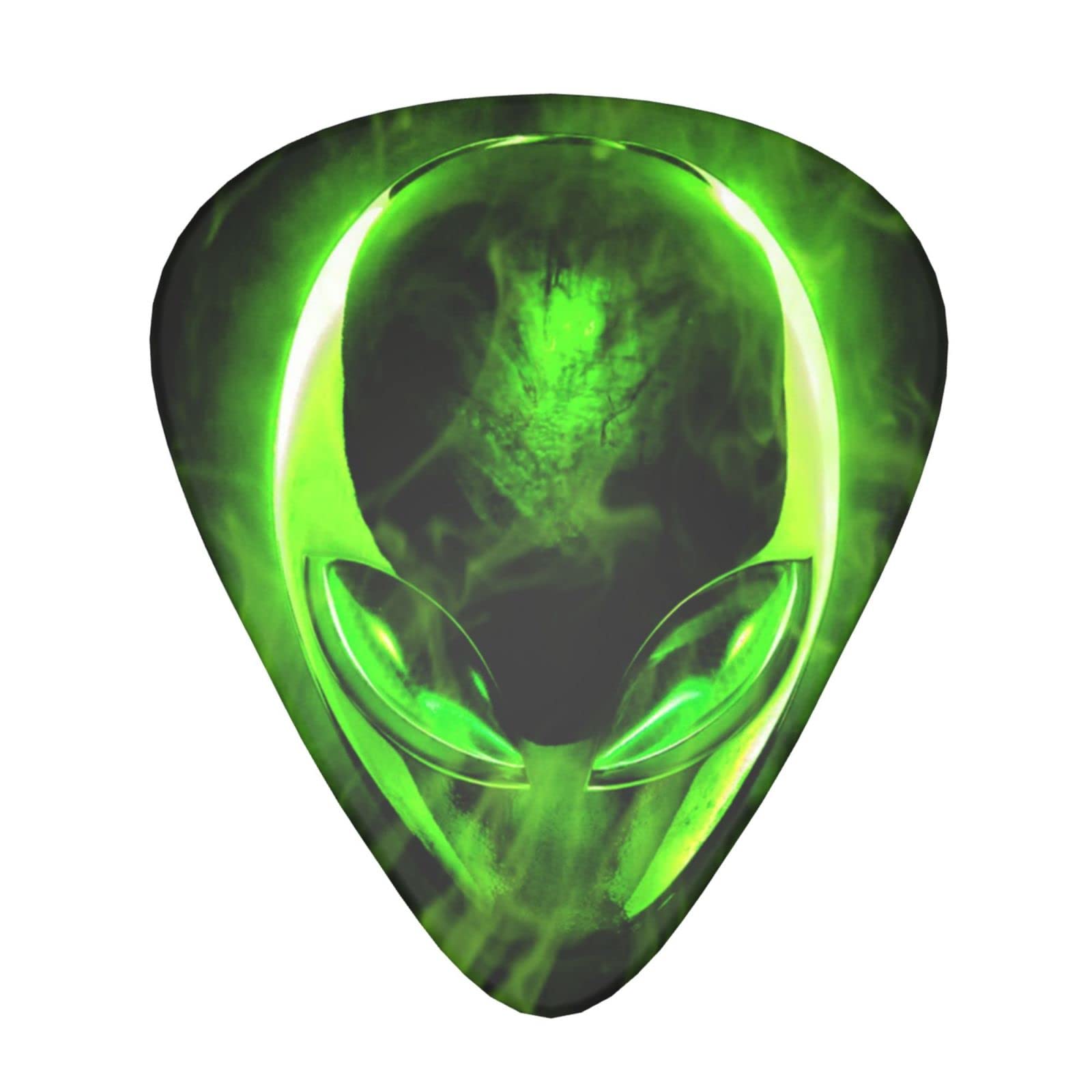 Alien Skull Green Glow 12-Pack Guitar Picks, Includes Thin, Medium & Heavy Gauges 3 Sizes for Guitar Electric Acoustic Picks