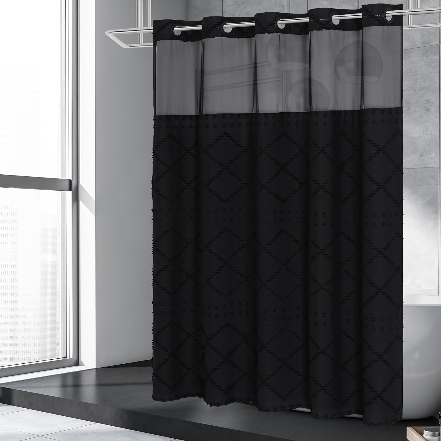 Boho Black Woven Fabric Shower Curtain 36 x 74 Modern Farmhouse, No Hooks Tufted Chevron Striped Shabby Chic Textured, Minimalist Cloth Curtain for Bathroom, Hotel Decor