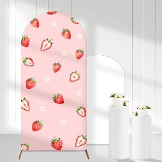 Pink Strawberry Arch Backdrop Covers, 6 Ft Stretchy Arch Backdrop Stand Covers, Berry Sweet Photography Background Arch Stand Covers for Birthday Baby Shower Party Decor