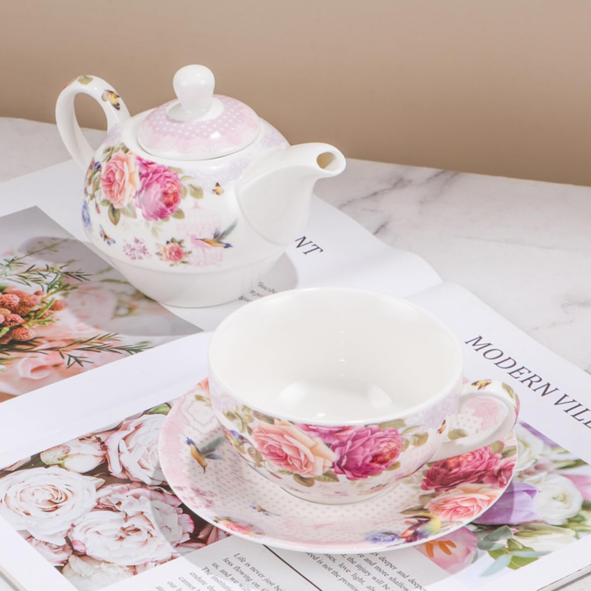 ONEUSTAR Floral Tea for One Set in Gift Box, Ceramic Teapot Cup with Saucer Pink