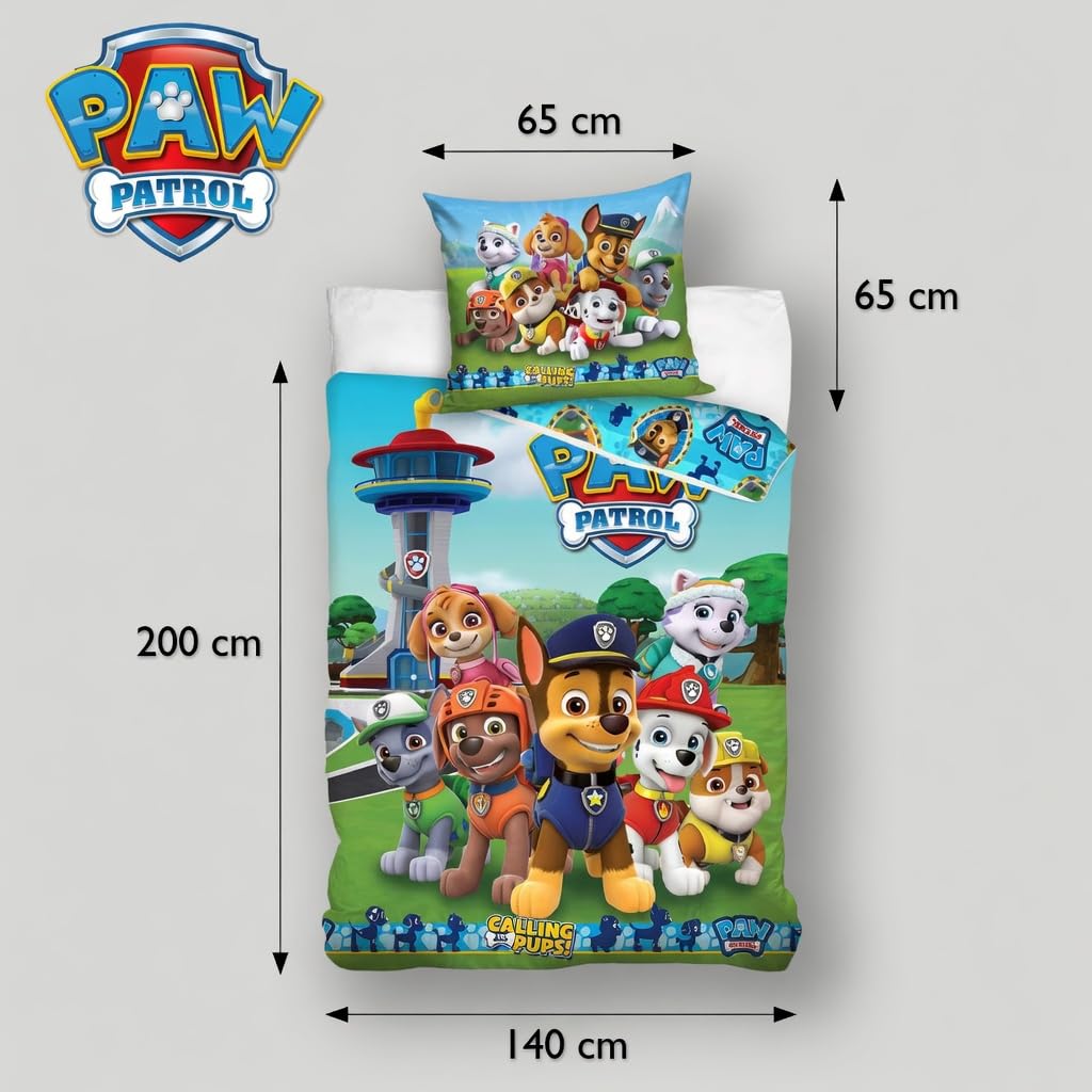 Paw Patrol Carbotex Bettwäsche Calling All Pups – Bettbezug 140 x 200 cm + Kissenbezug 65 x 65 cm | Wendebettwäsche Einzelbett | Naturbaumwolle atmungsaktiv | Nickelodeon | Kinder | Geschenk | Maschinenwaschbar