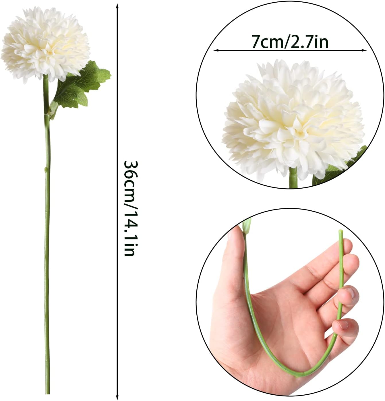 CCINEE 12Pcs Artificial Flowers Chrysanthemum Ball, Silk Floral Arrangement Fake Flowers Bouquet Long Stem Hydrangea for Home Office Coffee House Parties and Wedding Decor (White)