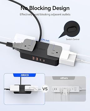 ORICO Power Strip with USB Port, 5Ft Extension Cord with Multiple Outlets for Desk, 8 in 1 Charging Station (AC*4, USB-C*2, USB-A*2) Desktop Accessories for Home, Office, Dorm, Room - CPR20 Black