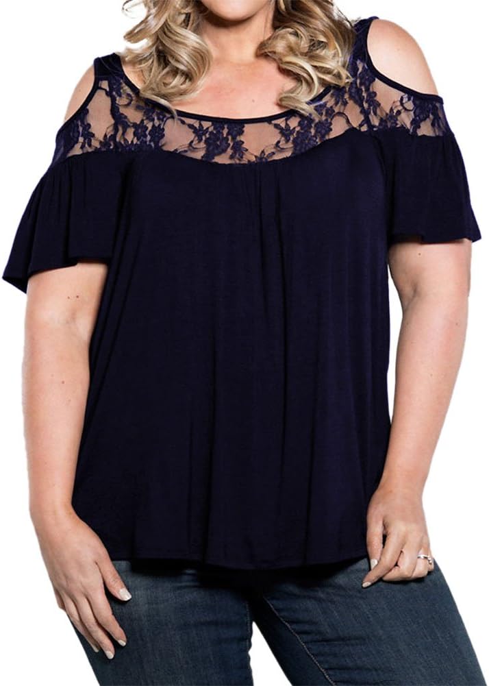 PINUPART Women's Short Sleeve Cold Shoulder Pull on Plus Size Lace Knit Top