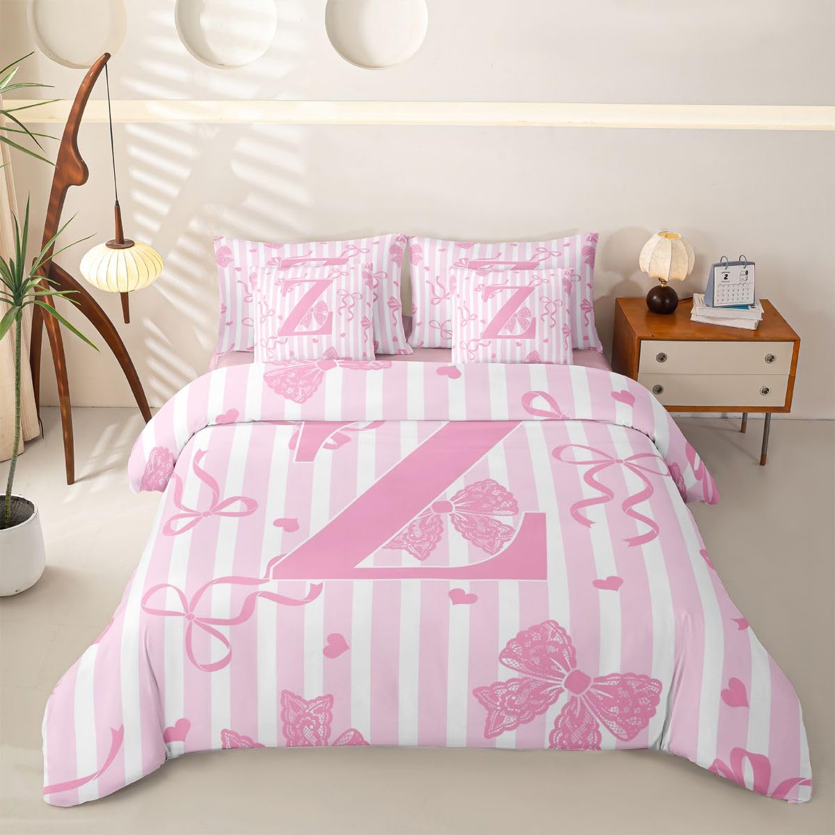 Loussiesd Juego de ropa de cama de 7 piezas con diseño de lazo rosa y blanco, para niños y niñas, con funda de edredón, sábanas, fundas de almohada, fundas de cojín, tamaño Super King