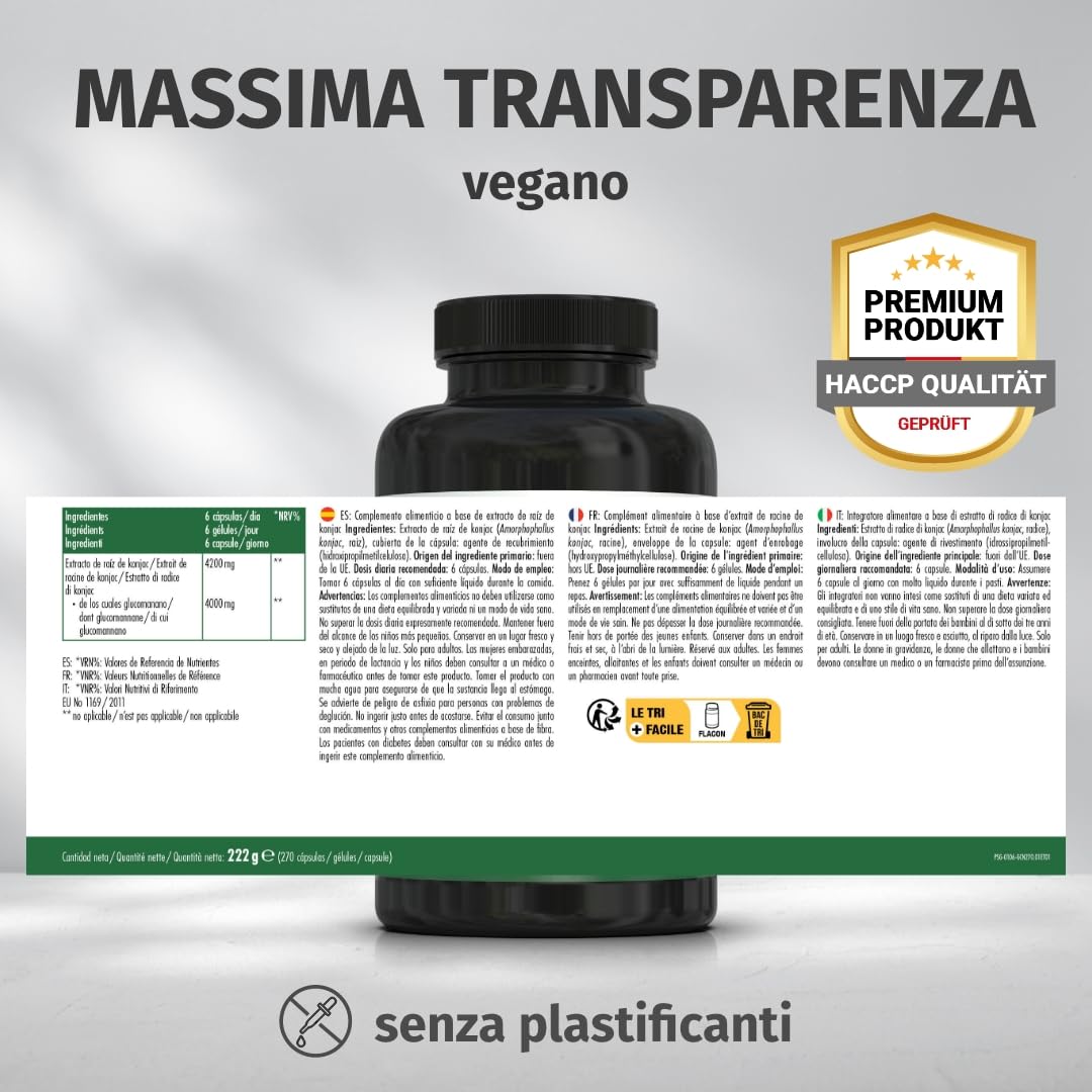 Green Naturals® Glucomannano – 4000 mg glucomannano per dose giornaliera – Estratto di konjac 4200 mg – 270 capsule per 45 giorni