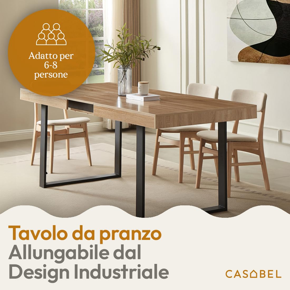 CASABEL tavolo da pranzo allungabile 160-200 cm, legno chiaro e nero