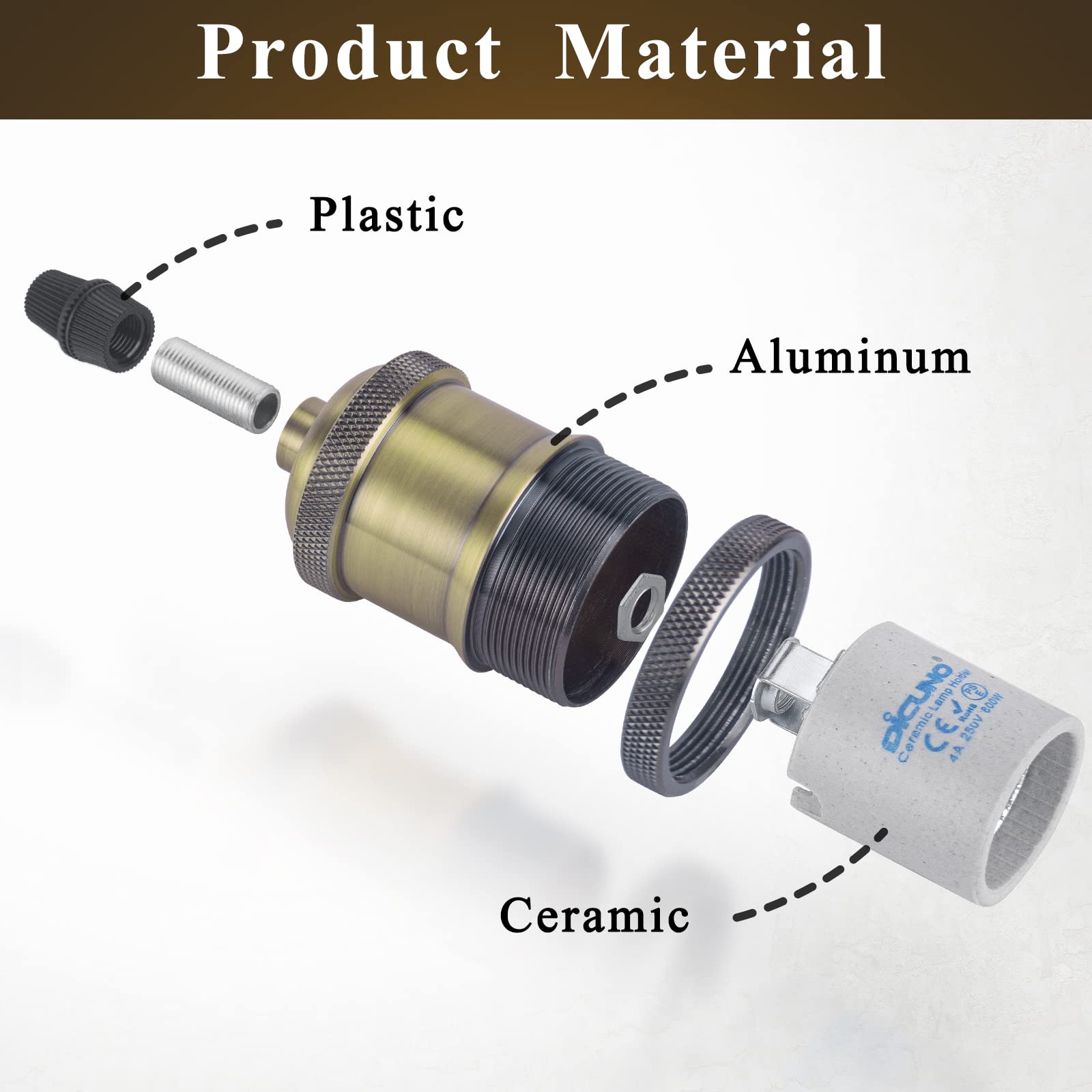 DiCUNO E27 Vintage Portalampada, Edison retro lampada a sospensione, Adattatore in ceramica solida, 6 Pezzi di champagne oro socket