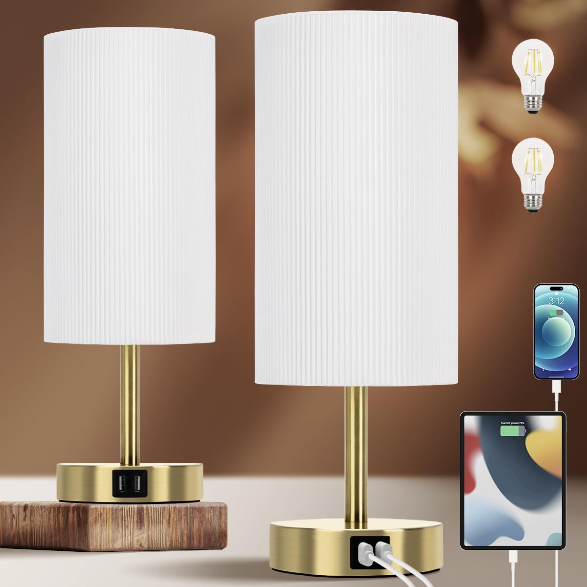 Yarra-Decor Lámpara de noche con puertos de carga USB A+C, juego de dos, lámpara de mesa de control táctil para dormitorio, lámpara de mesa de noche regulable de 3 vías con pantalla plisada redonda