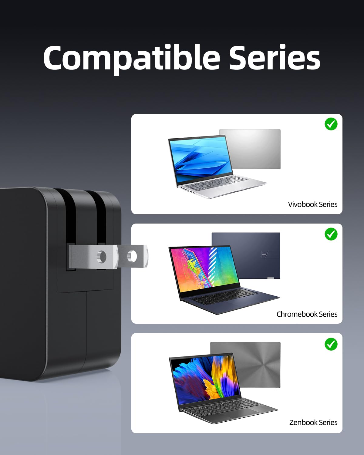 Cargador compatible con Asus Vivobook 15 17 14 16 S15 S14, Zenbook 14, ExpertBook B5, Chromebook (certificado por UL Safety) Flip OLED 65W 45W USB C