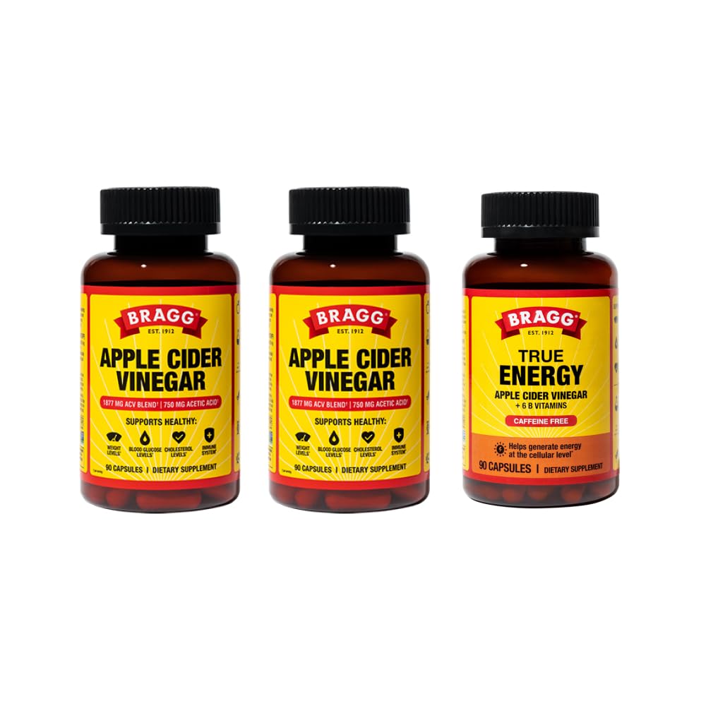 BraggOriginal & True Energy Apple Cider Vinegar Capsules - Vitamin D3 & Zinc - 6 B Vitamins – Caffeine Free - 750mg of Acetic Acid – Immune & Weight Management Support - Non-GMO, Vegan, Gluten