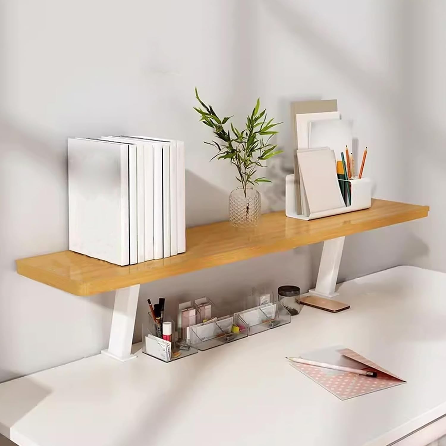 4-Tier Walnut Clamp-On Desk Organizer Shelf, Freestanding Clamp-On Shelf, Classic Style, 60cm/23.6" Width, 22 lbs Weight Capacity