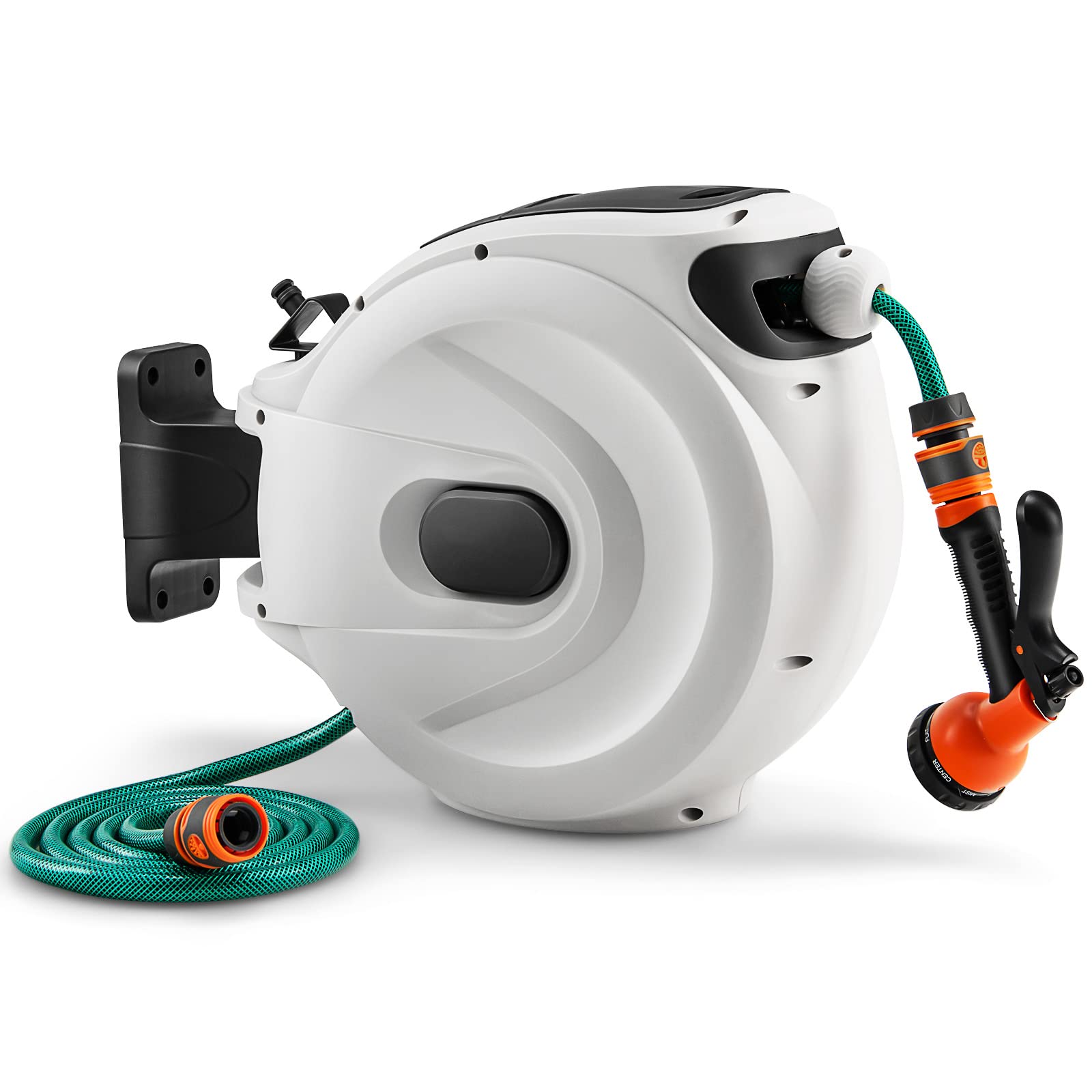TANGZON Retractable Hose Reel, Wall-Mounted 180° Swivel Garden Hose Reel with 8 Functions Spray Nozzle, Auto Rewind Hose Reel for Patio Yard Greenhouse (White, 20+2M Pipe, 40x20x37cm)