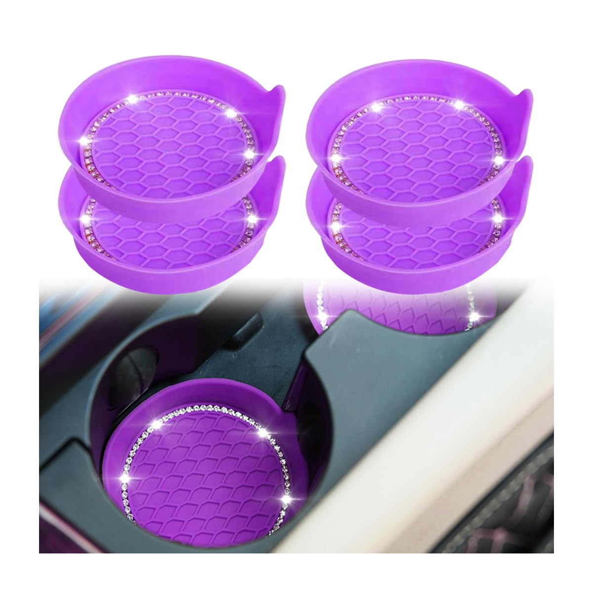 zipelo Bling Car Cup Coaster, 4 Pack Universal Vehicle Anti-Slip Cup Holder Insert Coasters, Crystal Rhinestone Silicone Shockproof Drink Mat, Car