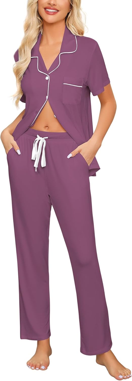 Anjue Pajamas for Women Soft Button Up Pajama Set Short Sleeve Shirt and Long Pants Lounge Sets S-XXL
