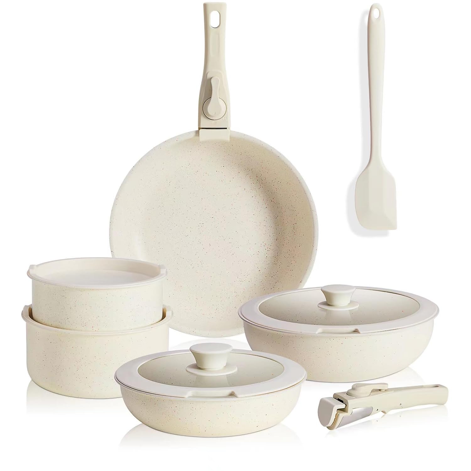 JHK 12-teiliges Topf- und Pfannenset – Antihaft-Kochgeschirr-Sets mit abnehmbarem Griff – Küchengeschirr für Ihre Bedürfnisse zu Hause, Beige