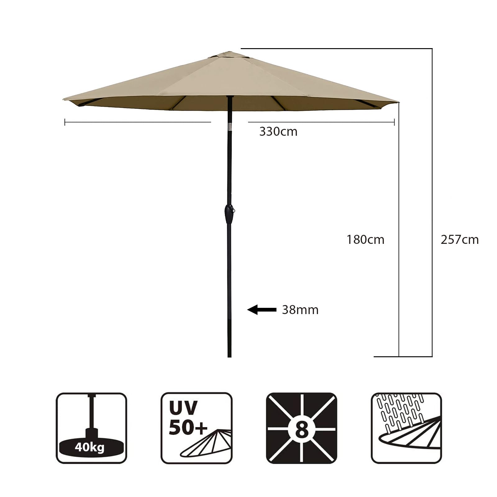 Sekey Alu Sonnenschirm 330 cm mit Kurbel, Wasserabweisend Gartensonnenschirm mit UV50+ Schutz– für Garten, Balkon & Terrasse, Taupe
