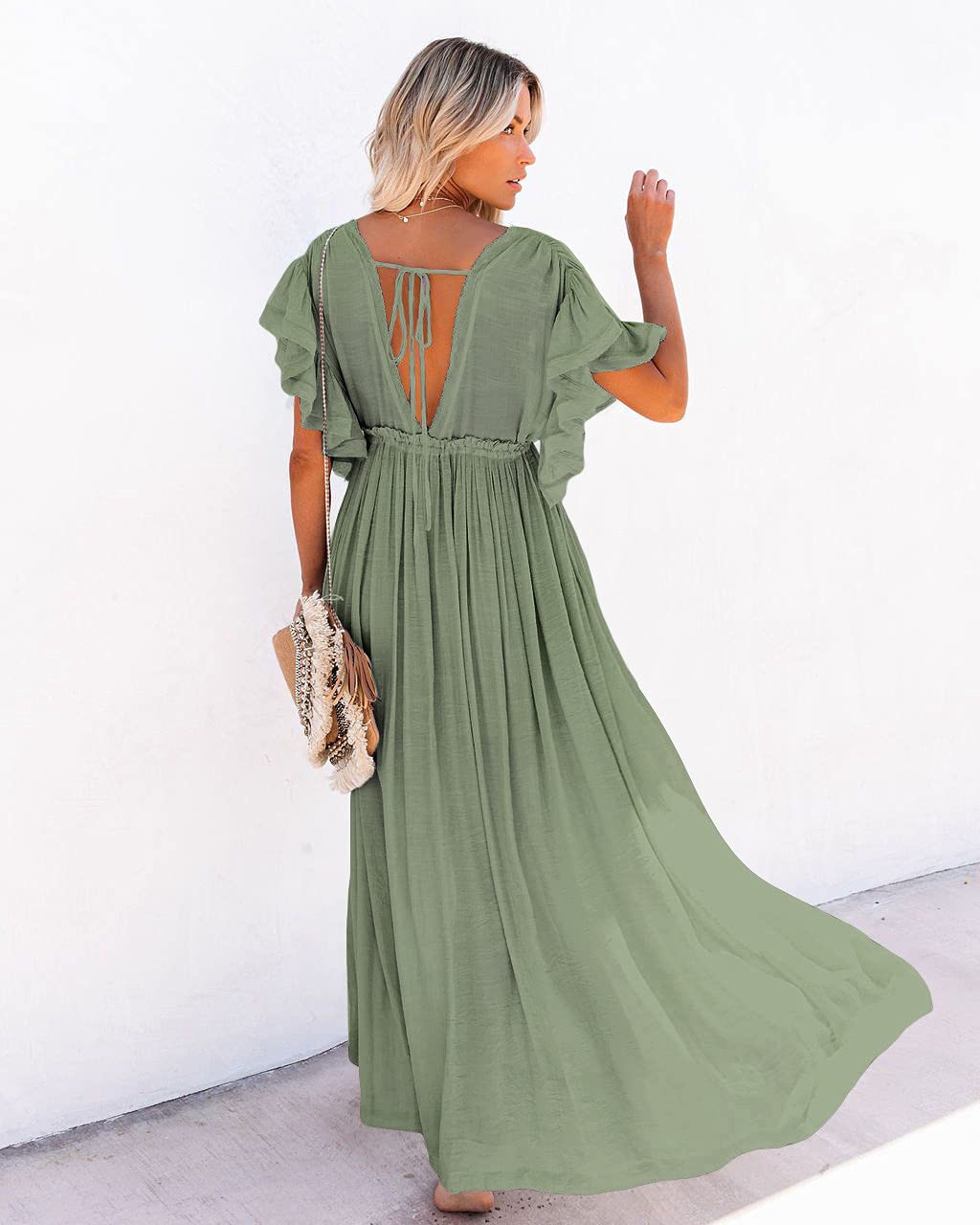 Damski długi plażowy kimono, kardigan z przodu, guziki, bikini, strój kąpielowy okrycie ze sznurkiem, damskie okrycie z frędzlami, wykończenie z paskiem, midi, długość do kostki, dekolt w serek