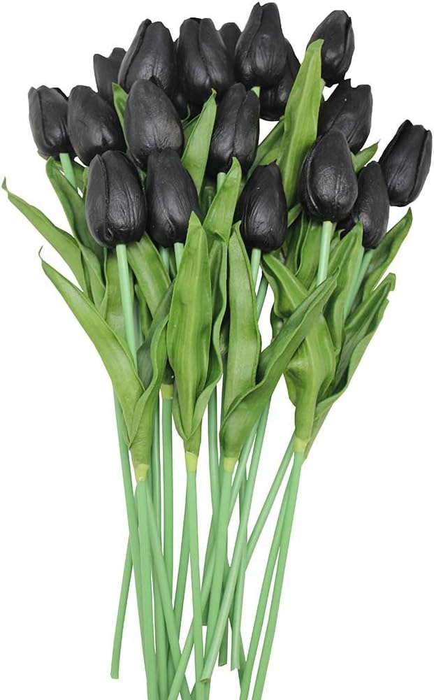 Artificial Flowers 10 Heads Mini Real Touch Artificial Tulip for Home Wedding Party Centerpiece Decoration (Black)