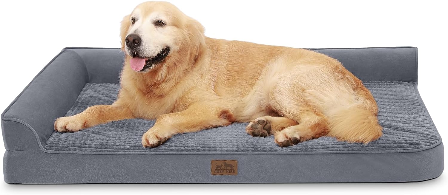 orthopedic dog beds for extra large dog, xxl pet couch for xlarge dog, big supportive foam bolster sofa with waterproof lining cover, anti-slip, washable, l shaped, 48x32x7.5 in, grey l 48x32x7.5 inch grey