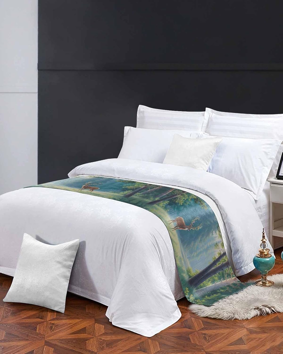 Forest Elk Bed Runner Scarf Full Queen Size, Green Trees Leaves Landscape Oil Painting Luxury Bed Throw Runners & Scarves for Twin Full Queen King Foot of Bed, Bedroom Hotel Decoration, 83"x20"