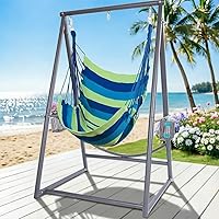 Vista 8 de YOXIFOC Base reforzada y soporte de hamaca de estructura triangular con 2 cestas de almacenamiento, soporte de columpio con 3 ganchos
