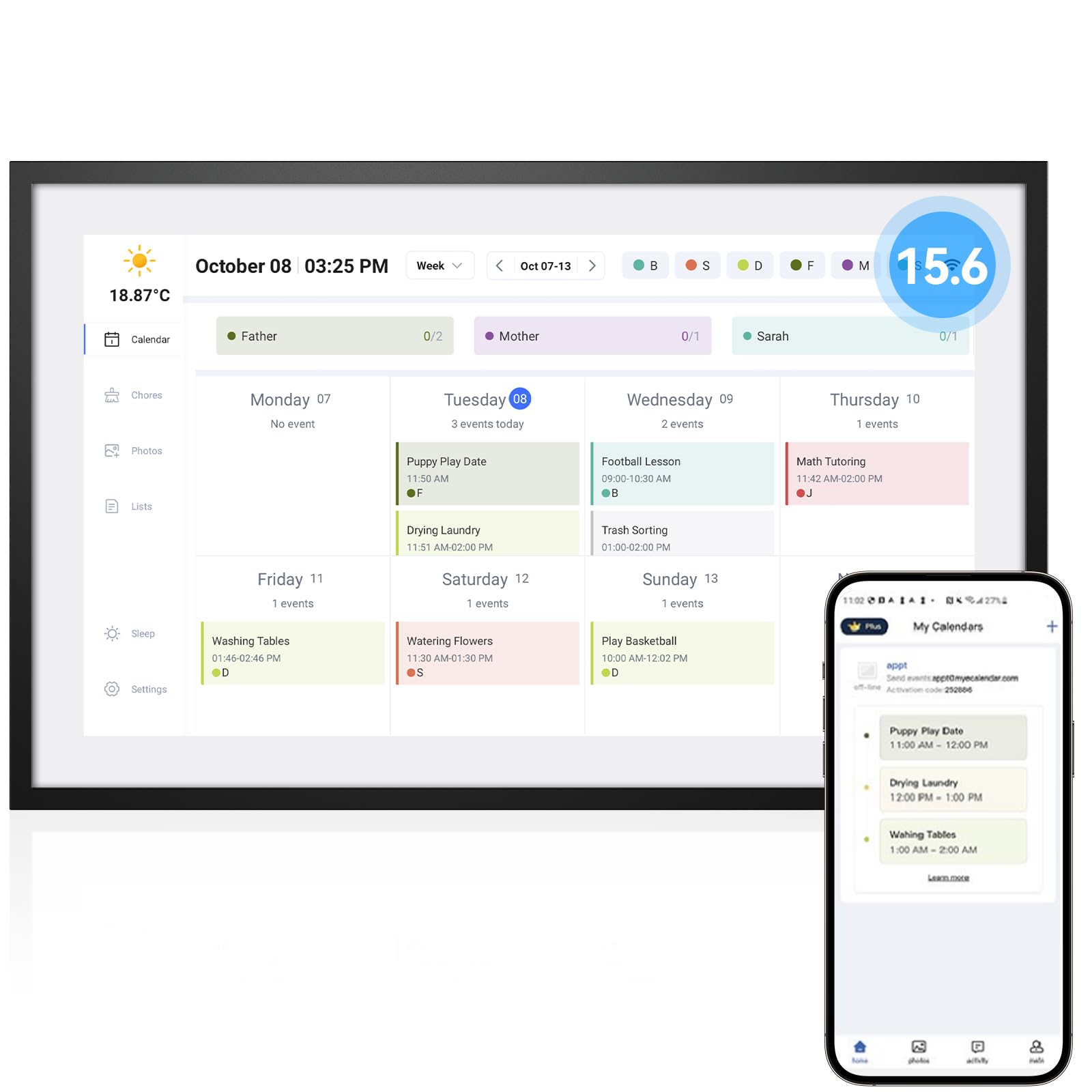 Digital Calendar, 15.6 inch Large Digital Calendar FHD Resolution 1920 * 1080,Smart Touchscreen Interactive splay for Family Schedules, Remote control via mobile app - Wall Mount Included-32G&5G