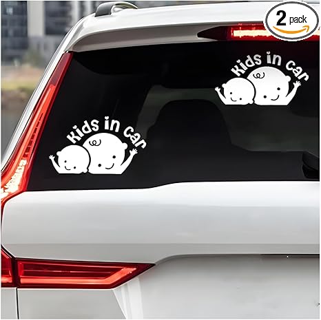 Kids in Car Sticker, 2PCS Waterproof Reflective Vehicle Safety Sign Decal, Funny Removable Automotive Side Window Bumper Decorative Sticker, Universal for SUV RV Truck (White)