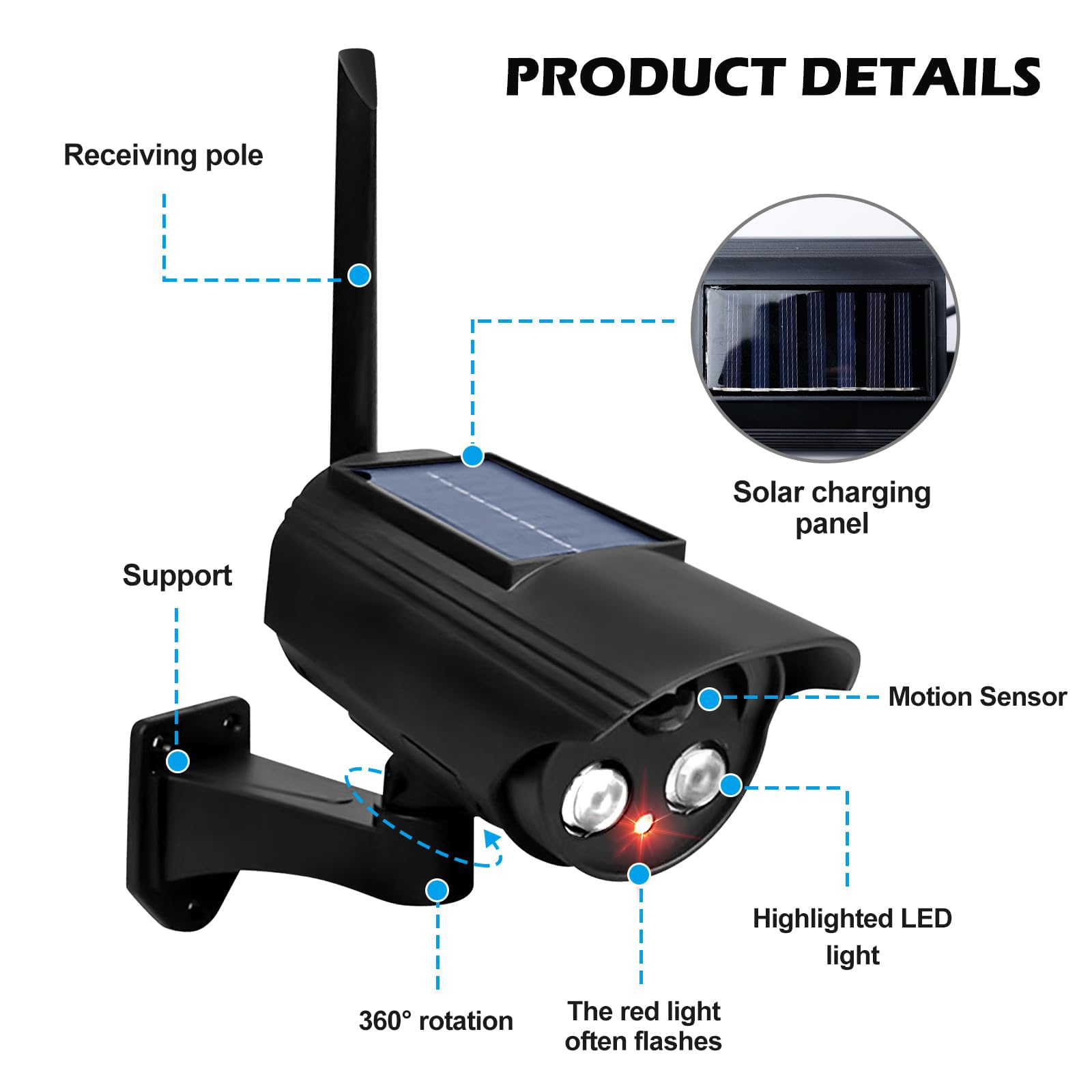 Lot de 4 caméras factices solaires factice d'extérieur avec lumière LED clignotante, factice solaire, caméra de surveillance factice pour garages, arrière-cours, portes d'entrée