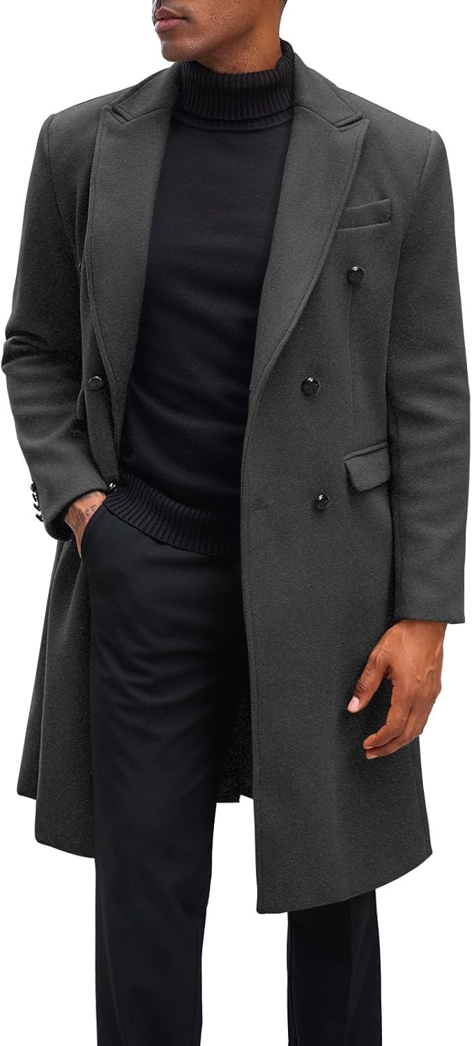 Yousify Mens Double Breasted Trench Coat Notched Lapel Mid Long Peacoat Winter Casual Business Overcoat
