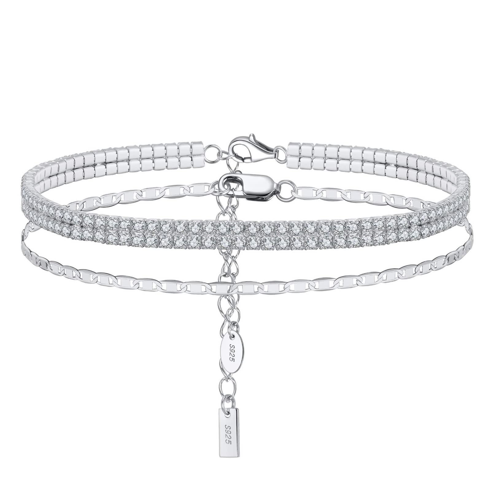 Fußkettchen für Damen Silber 925 Zirkonia, Fußbändchen Lang Tenniskette Schmuck Verstellbar Silber Geburtstagsgeschenk