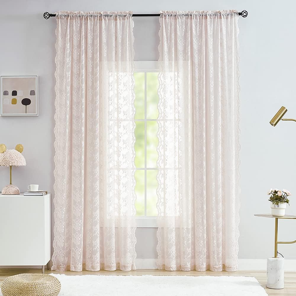 YJ YANJUN Vintage Lace Curtains 90 Inches Long-Victorian Floral Dusty Pink Sheer Curtain Panels for Living Room Bedroom Dining Room, Light Filtering, Shabby Chic Girls Drapes 2 Panels 52W x 90L
