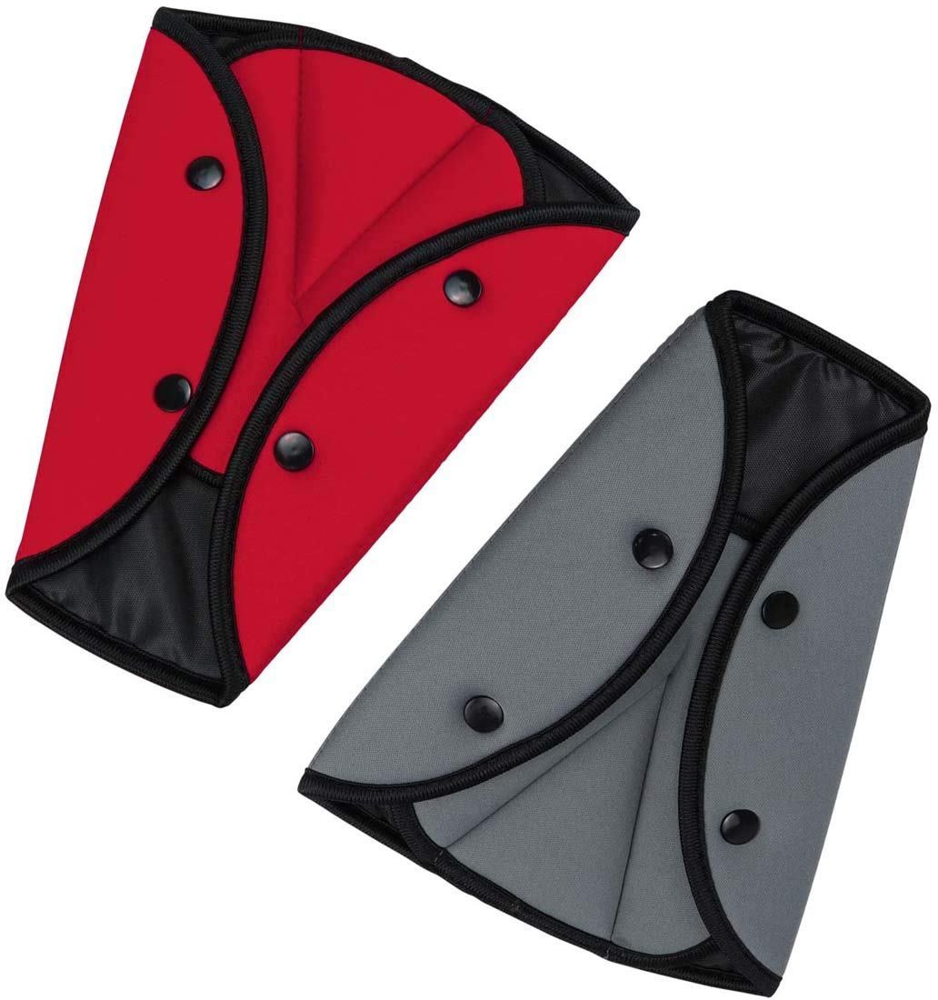 Riveda 2Pcs Child Car Safety Cover Harness Strap Cars Adjuster Pad Baby Kid Seat Belt Seatbelt Clip Seat Belt Adjustable Knob Belt (Red + Grey)