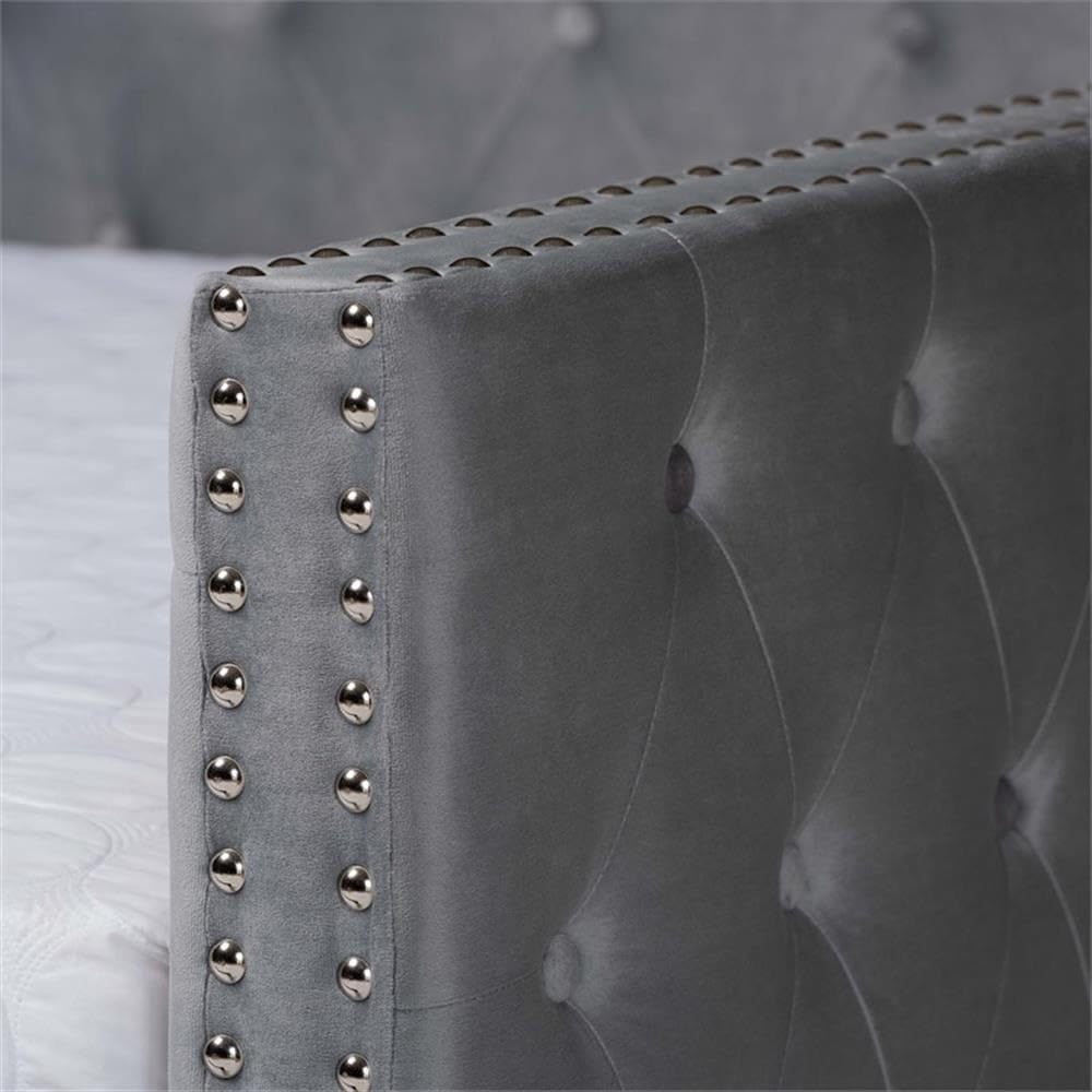 BOWERY HILL Grey Velvet Queen Size Upholstered Daybed with Trundle, Foam-Padded Wood Frame, Button Tufted, Silver Nailheads, Modern Bedroom Furniture, 86 x 62.8 x 32.6 Inches, Twin Trundle