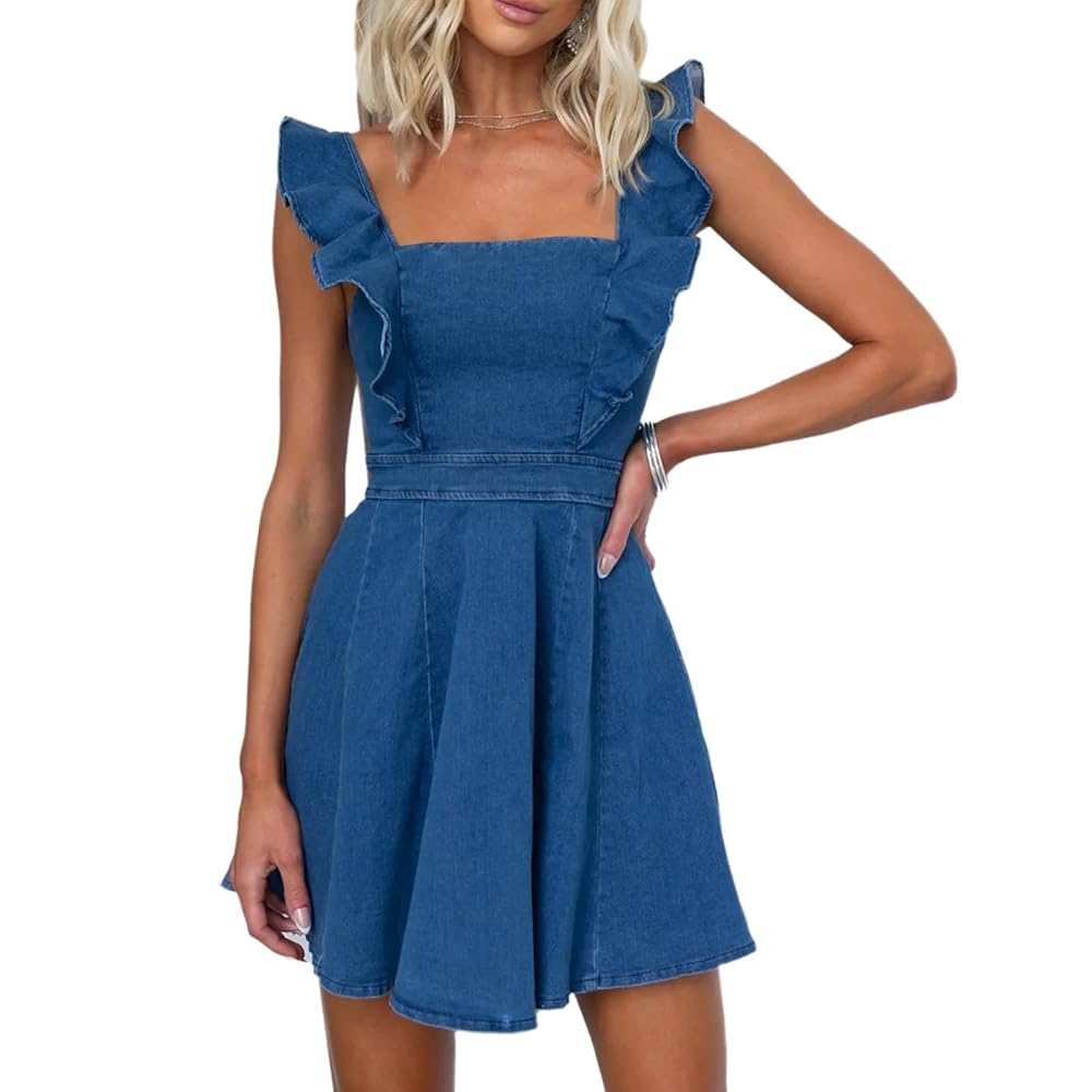 Conshvi Womens Cute Sleeveless Babydoll Denim Mini Dress