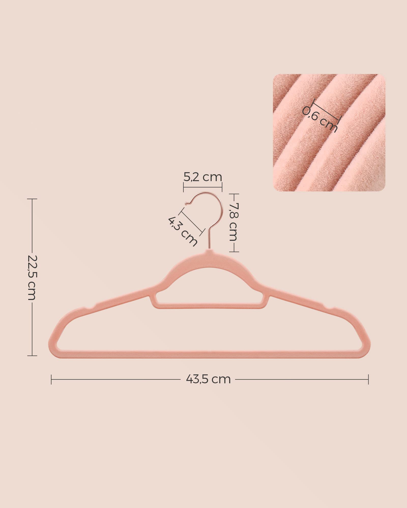 SONGMICS Percha de Terciopelo, Juego de 50, Antideslizantes, con Barra Corbata y Gancho Oro Rosa, 0,6 cm Espesor, Ahorra Espacio, 43,5 cm Largo, Abrigo Pantalón, Rosa Coral CRF21PK50 — view 7