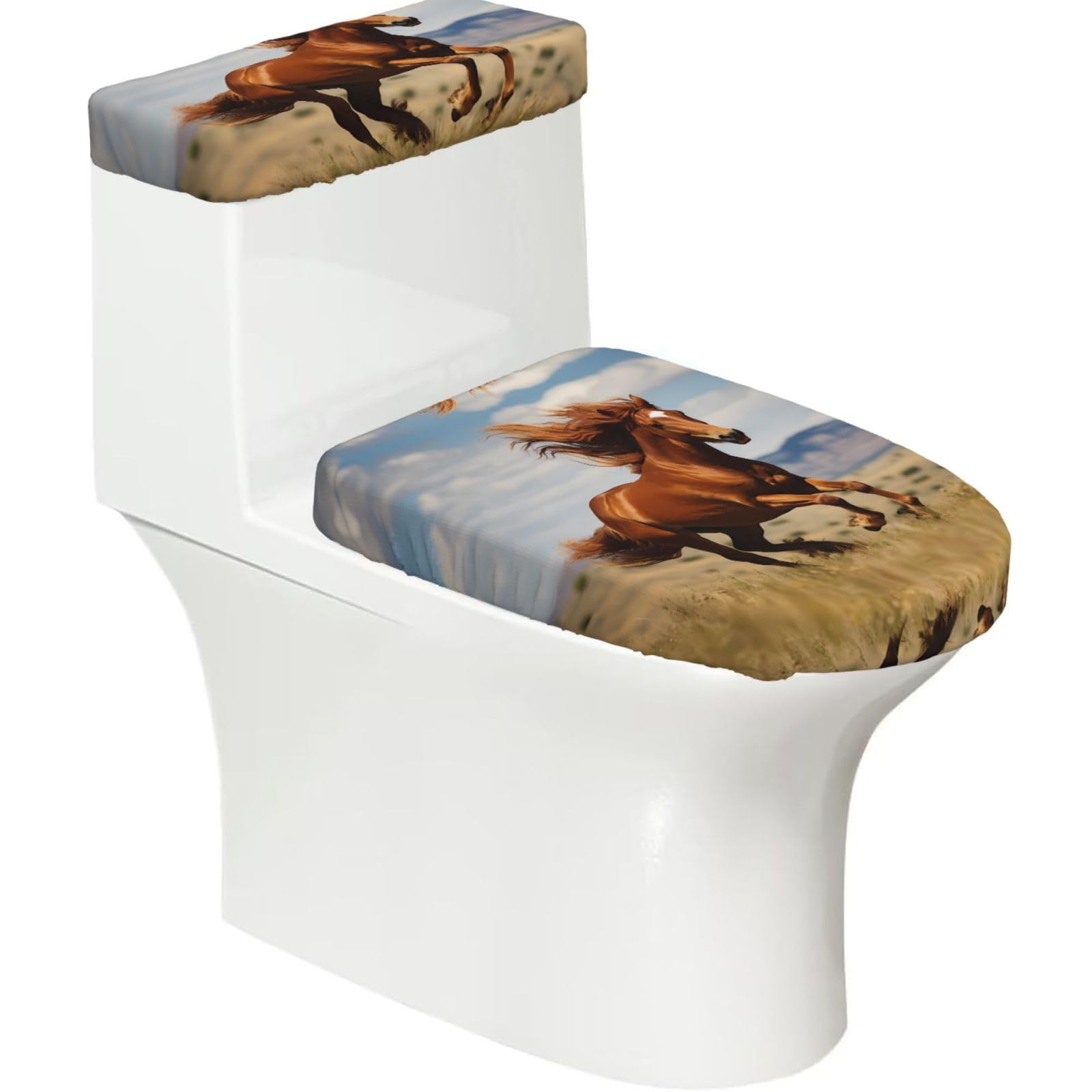 Galloping Horse 2-Piece Toilet Seat Cover Set with Tank Lid - Elastic for U-Shape & Elongated - Bathroom Decor