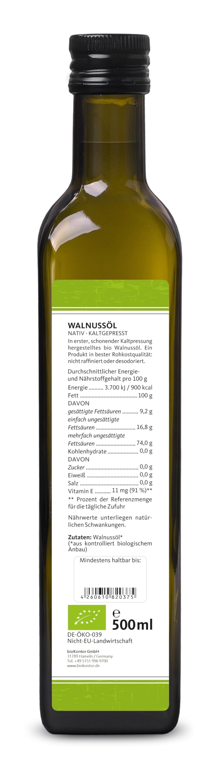bioKontor – Bio Walnussöl 500ml – kaltgepresst nativ – 1. Kaltpressung Walnuss Öl – Speiseöl für Küche, Salate & Dressings – Walnussöl naturbelassen vielseitig verwendbar