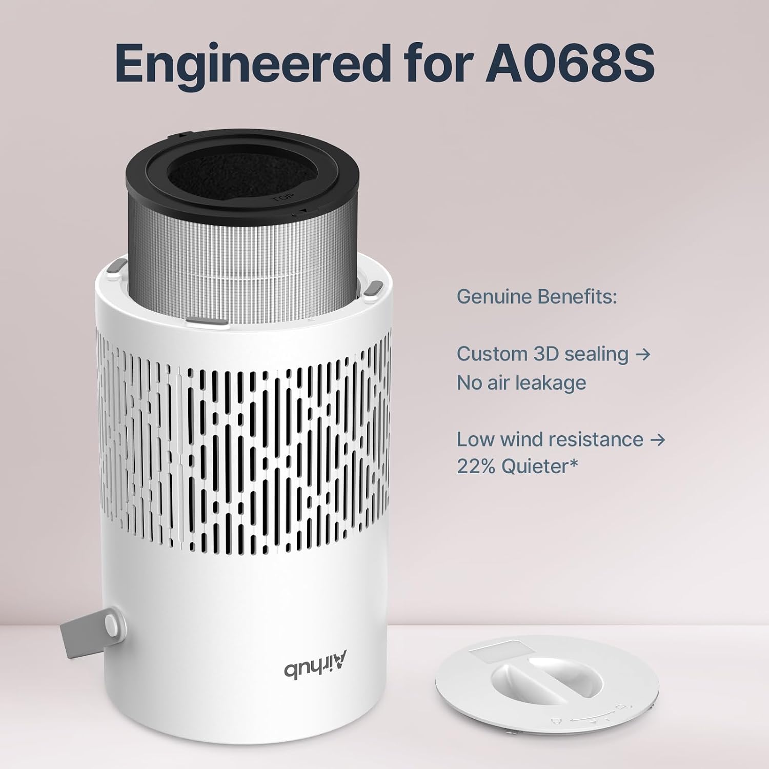 2 Pack Replacement Filter for AirHub A068 & A068S Air Purifier, 3-Stage True HEPA Filter with Activated Carbon, 360° Cylindrical Design for Bedroom, Pets, Odor & Smoke