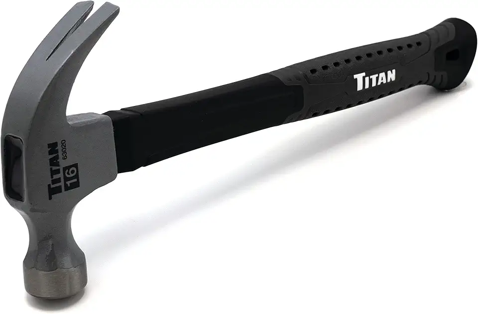 Titan 63020 16oz Claw Hammer, Forged Steel Head, 13" Shock Absorbing Fiberglass Handle with Textured Grip