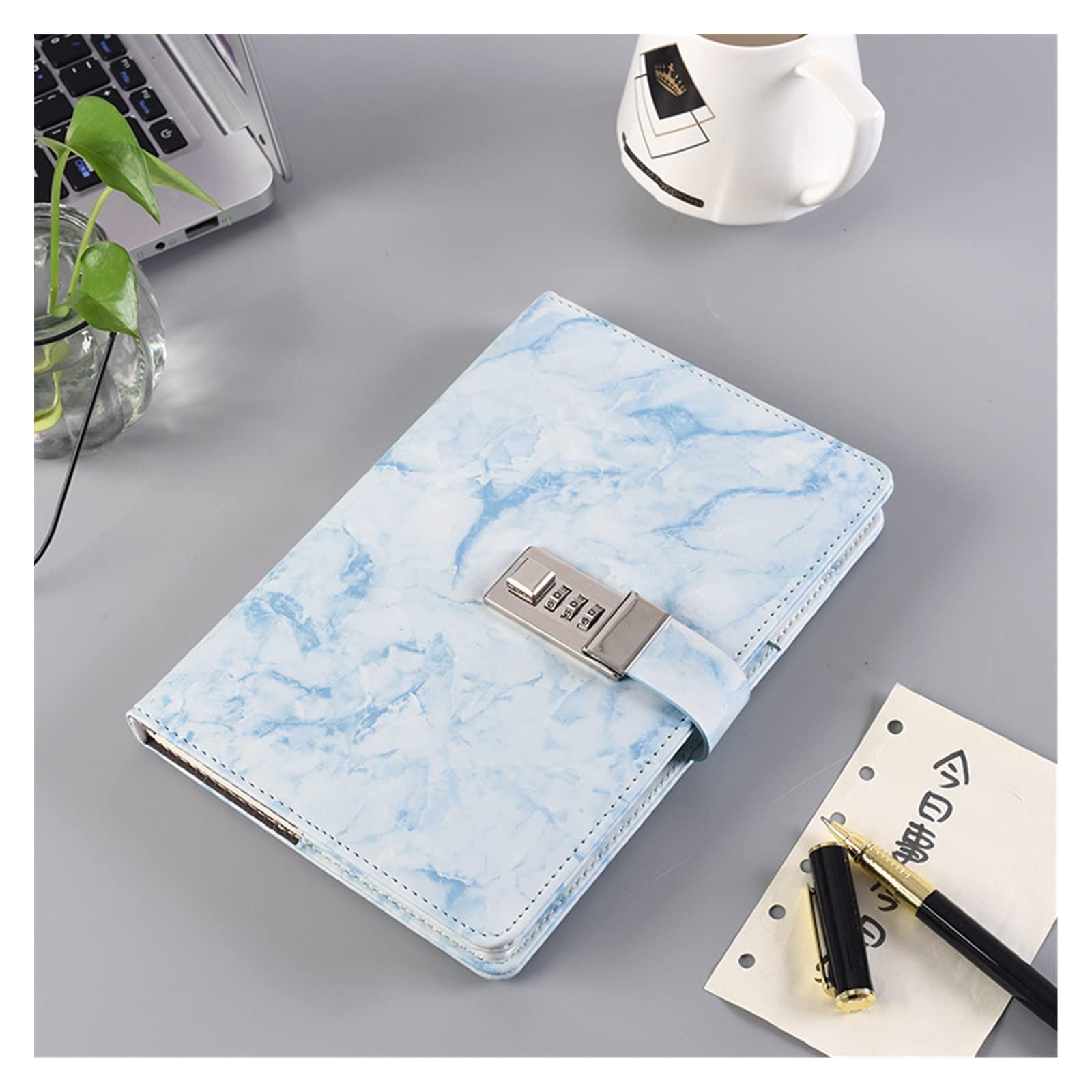 diario con candado Contraseña cuaderno textura de mármol 100 hojas diario personal con código de bloqueo suministros de la escuela de cuero gruesas notas (Color : Blue)